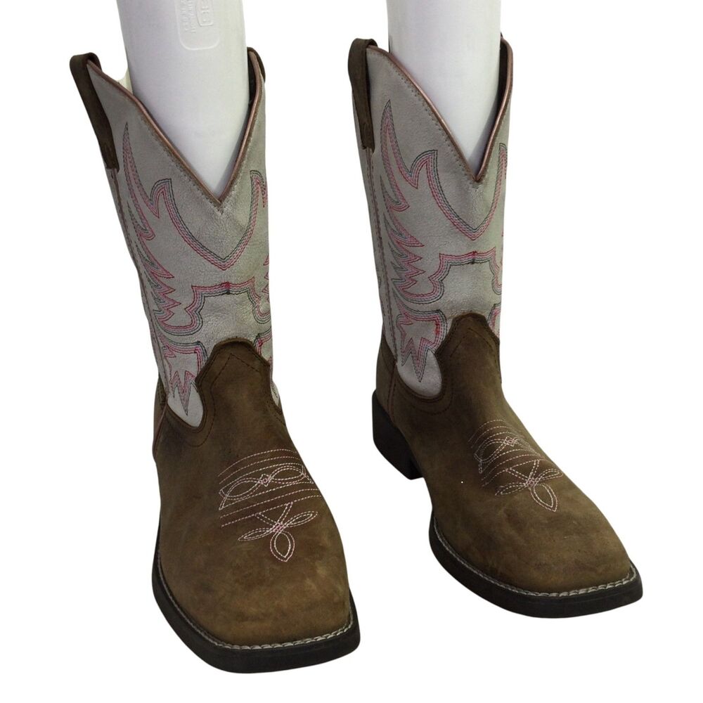 Shyanne Womens Cowboy Western Boots Block Heel Leather Brown White Size US 7D
